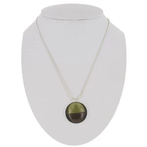 Moonglow Green Brown Glass Round Pendant 1" Silver Tone Chain Necklace 15.5" - Picture 1 of 2