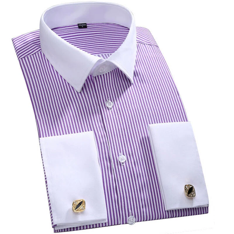 Camisas de vestir para hombre puño francés cuello blanco formal negocios Camisas ajustadas Foto 1 de 4