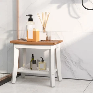 2-Tier Bath Spa Stool 20" x 13" Waterproof HDPE Shower Bench White & Brown - Picture 1 of 7