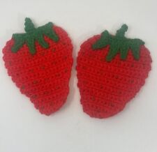 2 Vtg Handmade Crochet Pot Holders Strawberry Trivet Red Green Kitchen Cottage