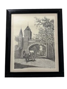Vintage Lithograph House Drawn Cart Mansion Castle Signed Marc - Picture 1 of 5