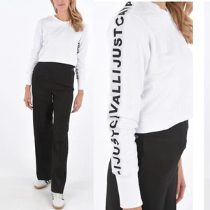 Neu mit Etikett Just Cavalli weiß zugeschnittener Sweatshirt mit Rundhalsausschnitt Seitenarm Logo Größe M - Bild 1 von 14