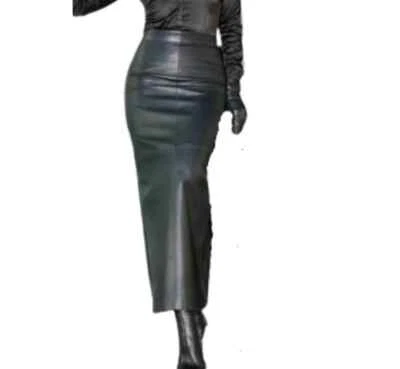 New Long Pencil Women Skirt Genuine Black Lambskin Leather Party Casual Clubwear - Image 1 of 4