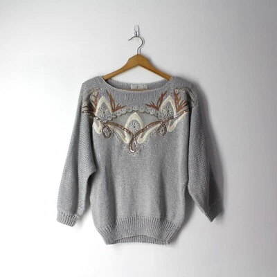 Винтажный 80' NANNELL свитер верхний серый dolman рукав бисер блестки сетки sz M / L - Изображение 1 из 4