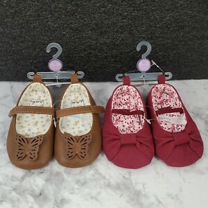 Carter's Baby 2 New Girl Crib Shoes 6-9m Mary Jane Brown Butterfly & Maroon Bow