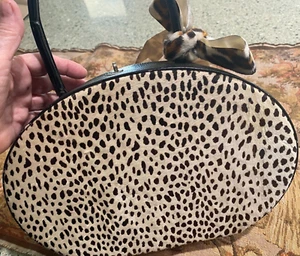 vintage 50's oval cow hair handbag black leopard - Picture 1 of 12