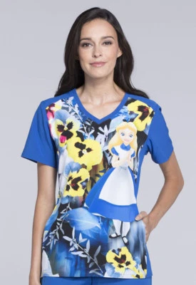 Alice In Wonderland Cherokee Scrubs Tooniforms Disney V Neck Top TF637 ALGA - Image 1 of 4