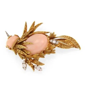Bird Brooch Diamond Coral 18k Yellow Gold Large Size - Picture 1 of 5