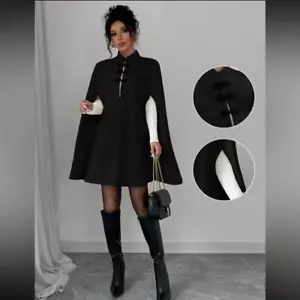 Chic Black Cape Coat with Button Accents - Picture 1 of 6