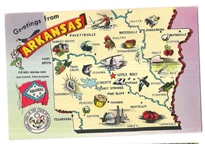 Grüße aus ARKANSAS Karte Städte Staatssymbole Siegel Aktivitäten Postkarte AR  - Bild 1 von 2