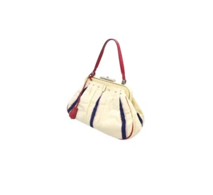 Prada Vintage Chiffon Cream Red and Blue Striped Frame Tote - Picture 1 of 12