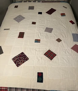 VTG Hand Quilted Coverlet 72 x 61 Primitive Applique Menswear Squares on Muslin - Picture 1 of 17