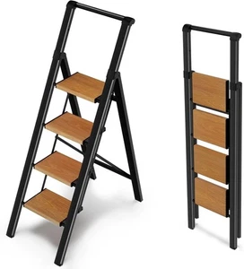 Escalera de 4 peldaños con pasamanos, taburete de cocina para 4 peldaños, grano de madera negro  - Imagen 1 de 6