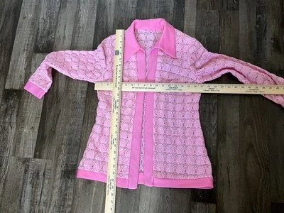 Vintage 60s Pink Polyester Open Front Jacket Cardigan Silver Thread Medium? - Image 1 of 4