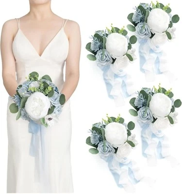 Conjunto de 4 buquês de dama de honra azul empoeirado Ling's Moment, buquês de casamento azuis f... - Imagem 1 de 4