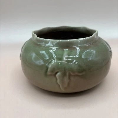 Vintage Brown, Green  Ceramic Pottery Leaf Pattern 7" Planter Bowl Crackle Glaze - Image 1 of 4