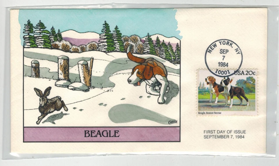 1984 COLLINS HANDPAINTED DOGS 2098 BEAGLE CHASING RABBIT & BOSTON TERRIER - Image 1 of 1