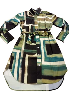 Banana Republic Silky Brush Stokes Olive Black Teal Button Belted Shirt Dress XS - Picture 1 of 8