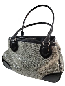 Nine West Hand Tote Bag Black White Sequined Tweed Black Faux Leather - Picture 1 of 11