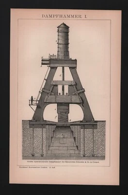 Lithografie 1896: Dampfhammer I/II. Hammer Eisenwerk Schneider & Co. in Creusot - Bild 1 von 2