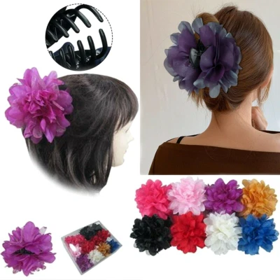 2pc Women Chiffon Big Flower Bow Plastic Hair Claw Clips Barrettes Clamps Buns - Image 1 of 4