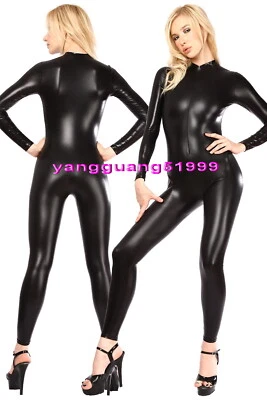 Black Shiny Metallic Women Tights Body Suit Catsuit Yoga Costumes Front Zip F330 - Image 1 of 4