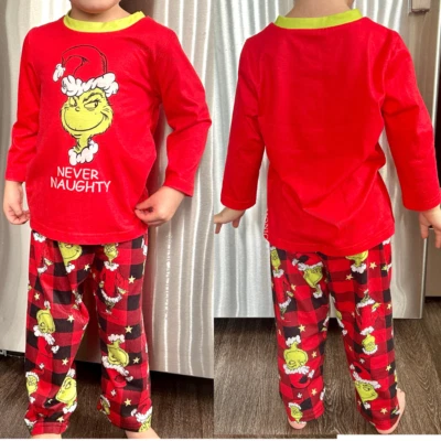 New Toddler 3T & 4T Matching Christmas Holiday 'Never Naughty' Red Pajamas Set - Image 1 of 4