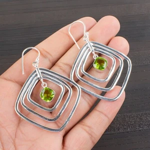 Peridot Gemstone Hook Earrings 925 Sterling Silver Handmade Jewelry For Women's - Picture 1 of 5