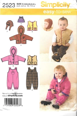 Uncut Simplicity Sewing Pattern 2523 Babies Overalls Jacket Vest Hats Size XXS-L - Image 1 of 2