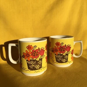 Vintage Pair Coffee Tea Mug Garden Flowers in Basket Red Orange Yellow Japan - Picture 1 of 8