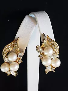 Vintage Pierre Balmain Paris Ohrclips, goldfarbene Strass Kunstperlen - Bild 1 von 9