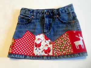 Girl's upcycled denim skirt, size 4/5, added Christmas patchwork at hemline - Picture 1 of 2