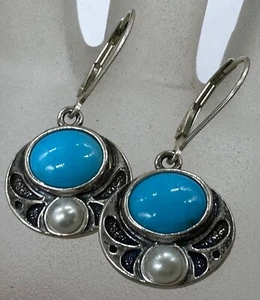 ESTATE STERLING SILVER TURQUOISE HOWLITE CABOCHON PEARL DROP SIGNED EARRINGS - Picture 1 of 12