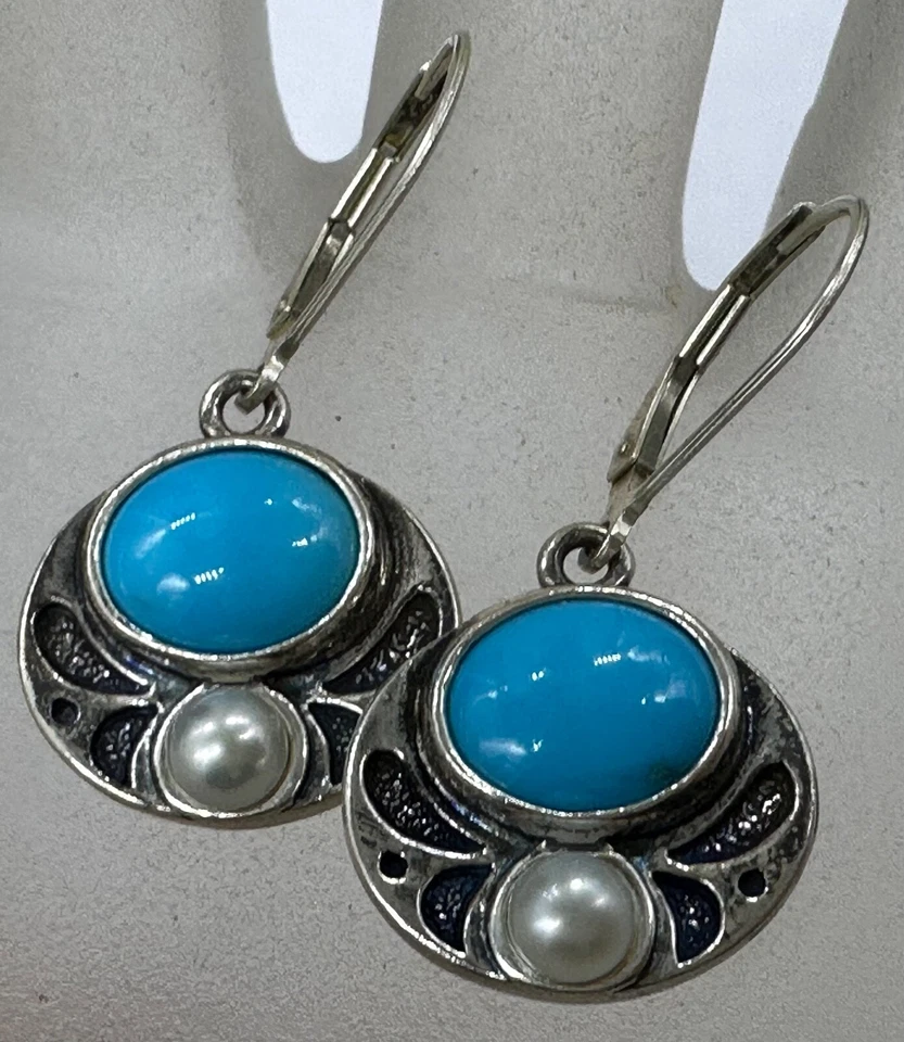 ESTATE STERLING SILVER TURQUOISE HOWLITE CABOCHON PEARL DROP SIGNED EARRINGS - Image 1 of 4