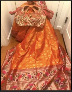 Silk Georgette Benarasi Saree With Paithani Influence No Blouse - Picture 1 of 4