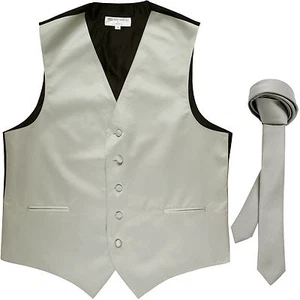 New Men's Formal Tuxedo Vest Waistcoat_1.5" skinny Necktie silver  prom - Picture 1 of 4