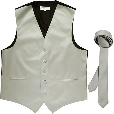 New Men's Formal Tuxedo Vest Waistcoat_1.5" skinny Necktie silver  prom - Image 1 of 4