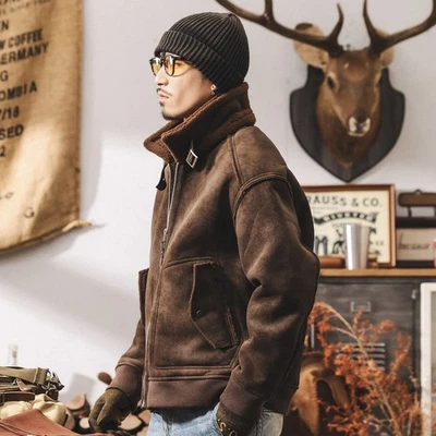 Retro Lambskin Cotton Down Coat Men's Thick Loose Warm Cotton Motorcycle Jacket - Image 1 of 4