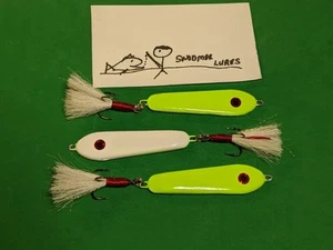 3 - 2 oz Fishing Casting Jigging Slab Lead Spoons Lures white and chartreuse - Picture 1 of 6