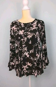 Blusa Karl Lagerfeld Negra y Rosa Floral Mangas Volantes Talla Mediana Top/Camisa - Imagen 1 de 10