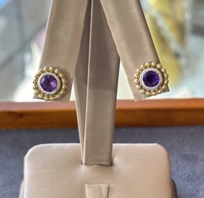 Aretes Lagos Caviar Oro 925 y 18K con Amatista 11mm Foto 1 de 4