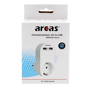 ARCAS Zwischenstecker Schuko 1-fach m. 2 x USB Ladeanschluss 2400mAh (max) weiß - Bild 1 von 3