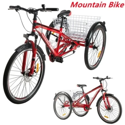 Adult Mountain Bike Front Suspension 7Speed Tricycle MTB 26" Trike Red w/ Basket - Image 1 of 4