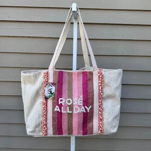America and Beyond ROSE ALL DAY Tan Pink Large Tote Shoulder Beach Bag New - Picture 1 of 11