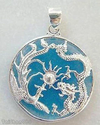 Genuino Cielo Azul Jade 18KGP Dragón Fénix Hombres Mujeres Colgante Cadena Collar Foto 1 de 4