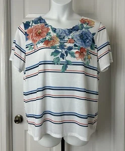 Alfred Dunner leichtes Top mit Blumenstreifen Damen XL Kurzarm Spitzendetail - Bild 1 von 15