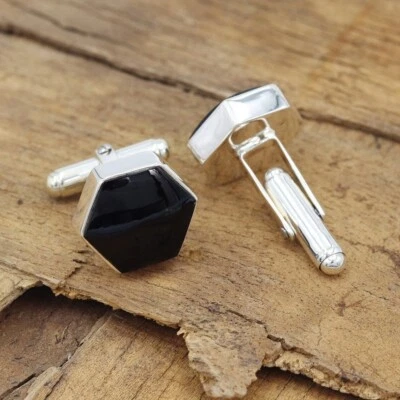 Gemelos De Esmoquin De Plata Esterlina 925 Con Piedra De Ónix Negra - Imagen 1 de 4