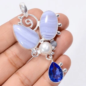 Colgante hecho a mano de plata 925 con piedras preciosas de ágata de encaje azul natural de 2,3" - Imagen 1 de 3