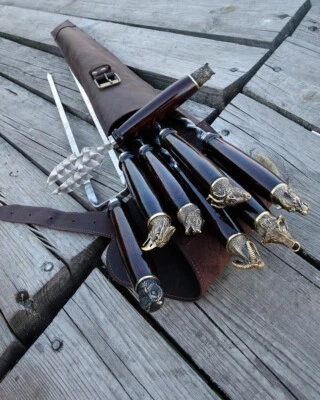 Forged stainless steel skewers set in leather case for outdoor grill barbecue - Image 1 of 2
