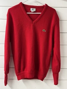 Vintage Lacoste V-neck Wool Sweater Red Mens Size M Made In USA - Picture 1 of 11